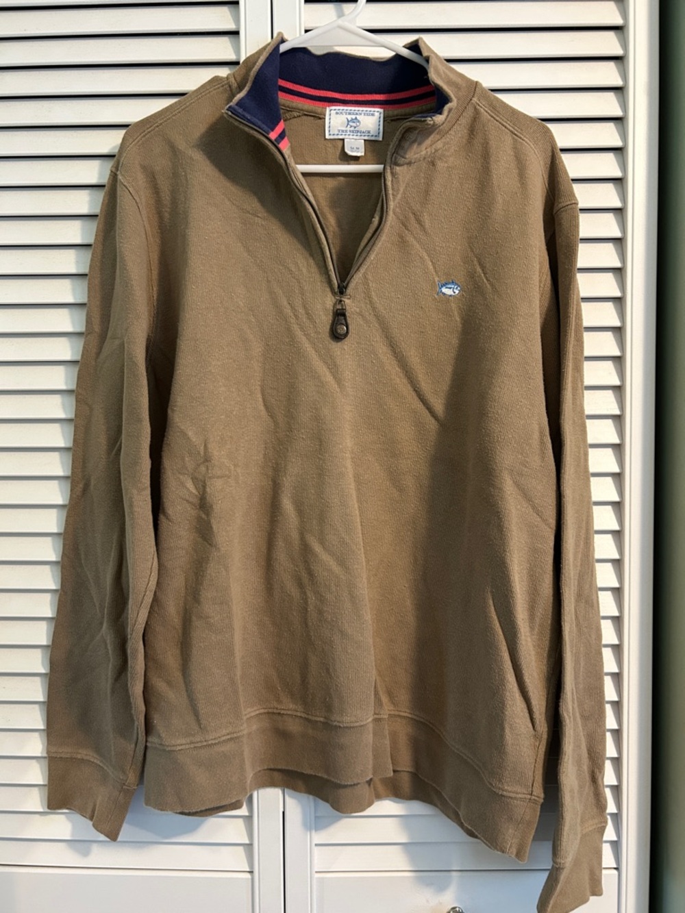 Southern Tide Men's Zip Mock Sweater in Tan with Navy Trim